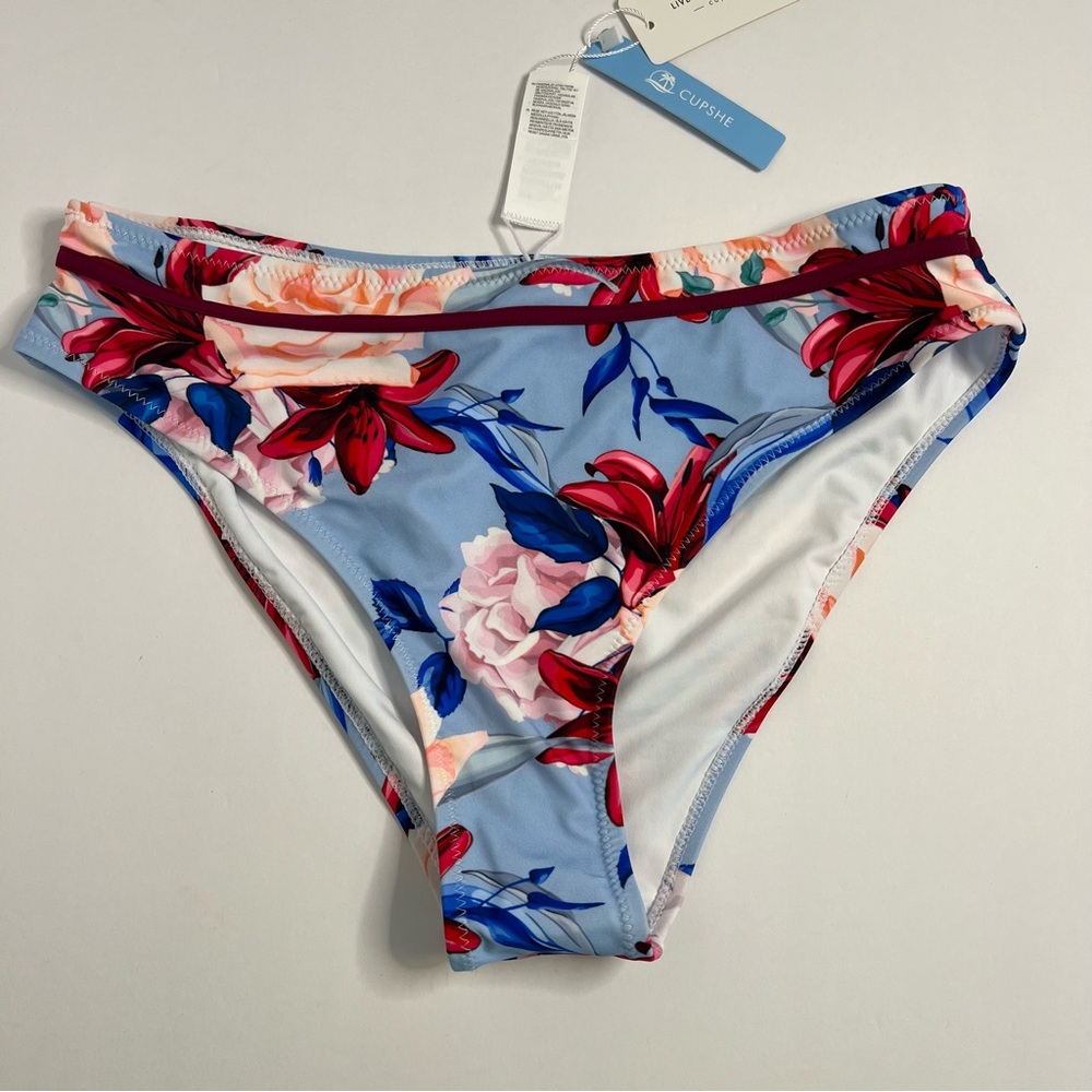 Cupshe NWT swim bikini bottom blue and pink floral‎ print women's Large